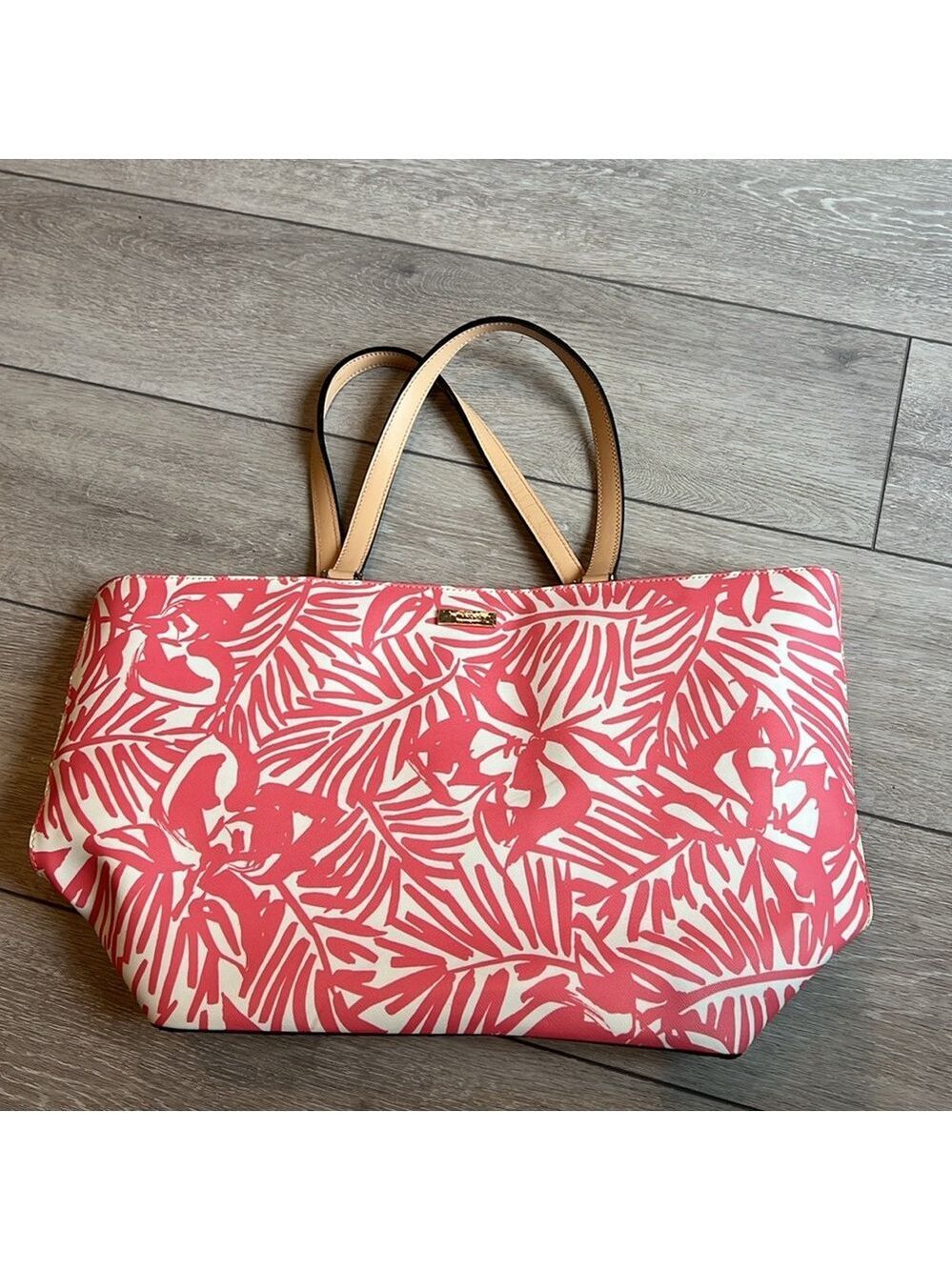 Kate Spade grant street Palm Pink Palm Leaf Print large leather Tote bag - Picture 2 of 10